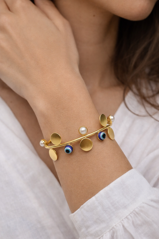Evil Eye & Pearl Disc Cuff Bracelet