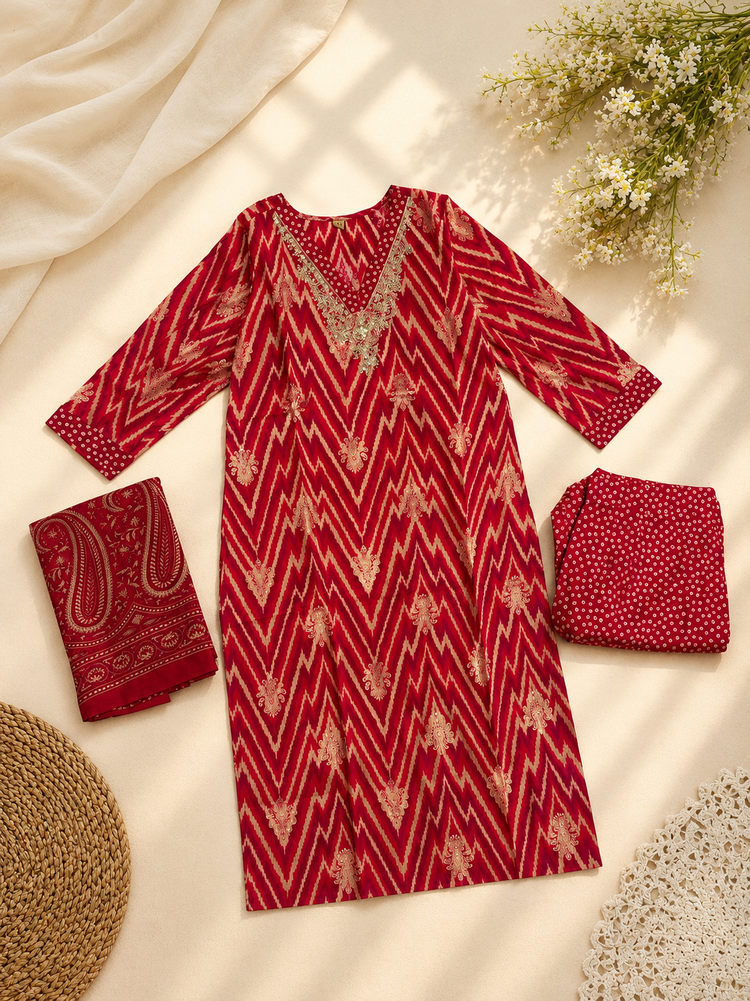 Crimson Chevron Modal Embroidered Suit Set