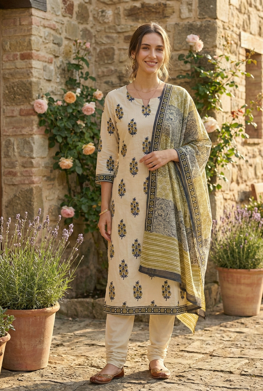 Sunehri Phool Cotton Suit Set β Unstitched/ Custom-Stitched