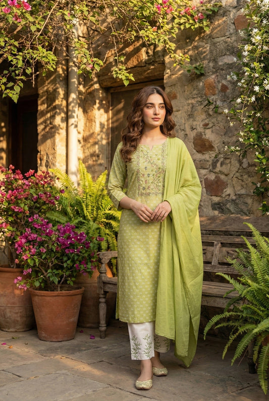 Mint Blossom Embroidered Suit Set β Unstitched/ Custom-Stitched