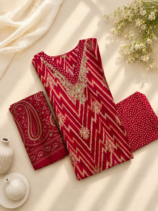 Crimson Chevron Modal Embroidered Suit Set