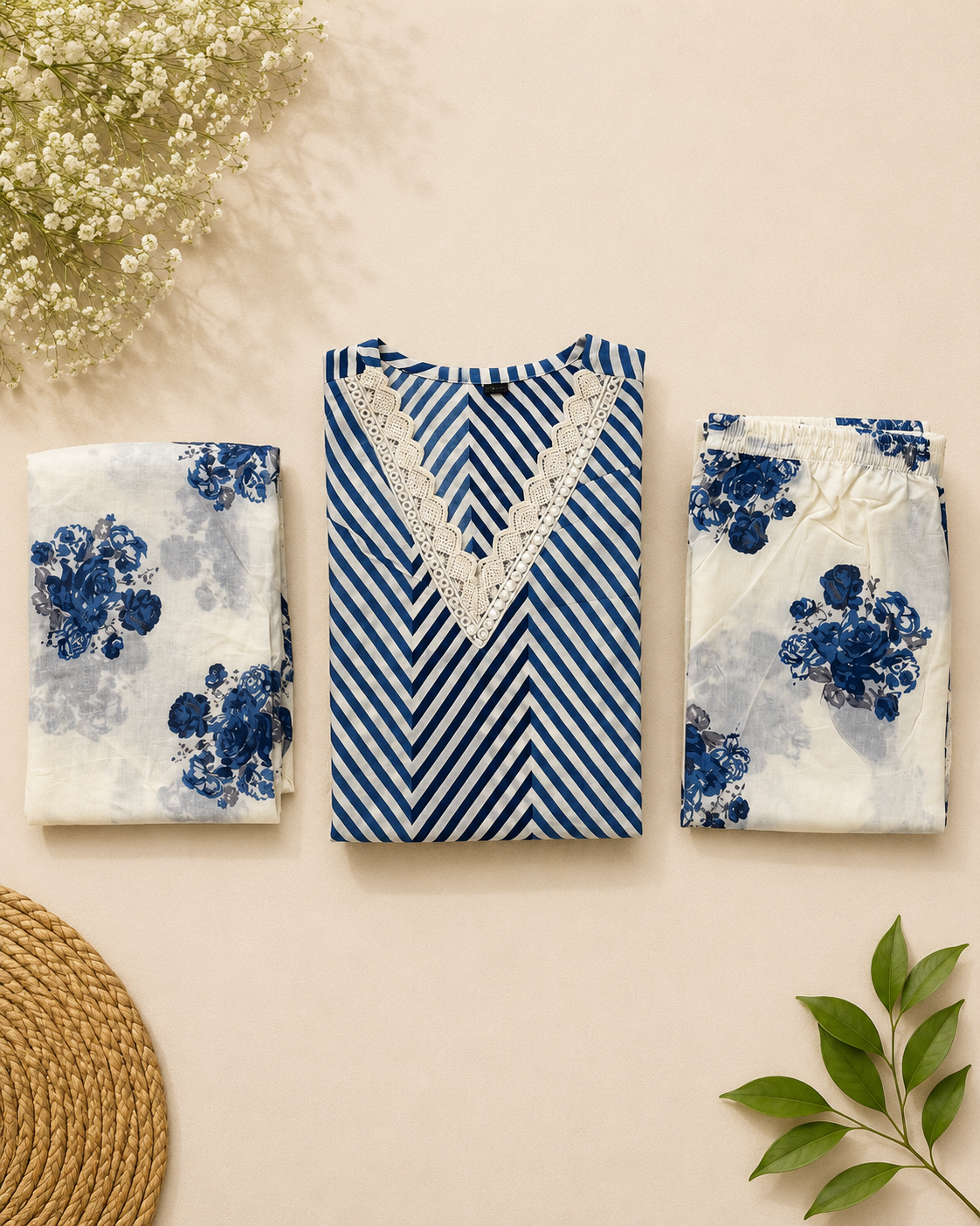 Indigo Lehariya Cotton Suit Set