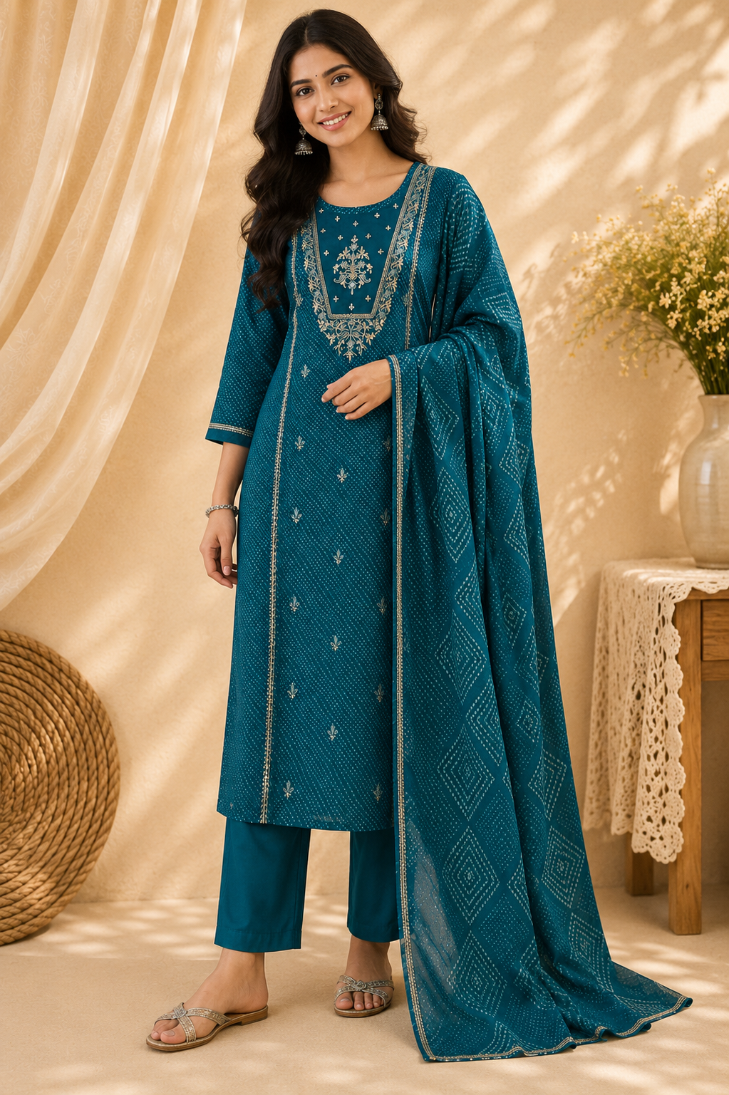 Emerald Elegance Modal Embroidered Suit Set