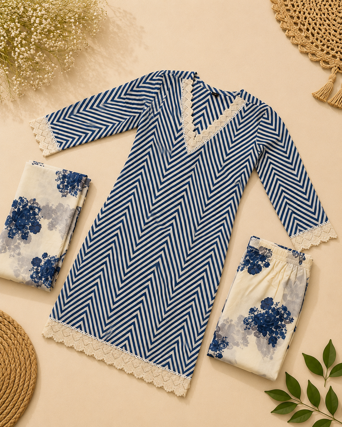 Indigo Lehariya Cotton Suit Set