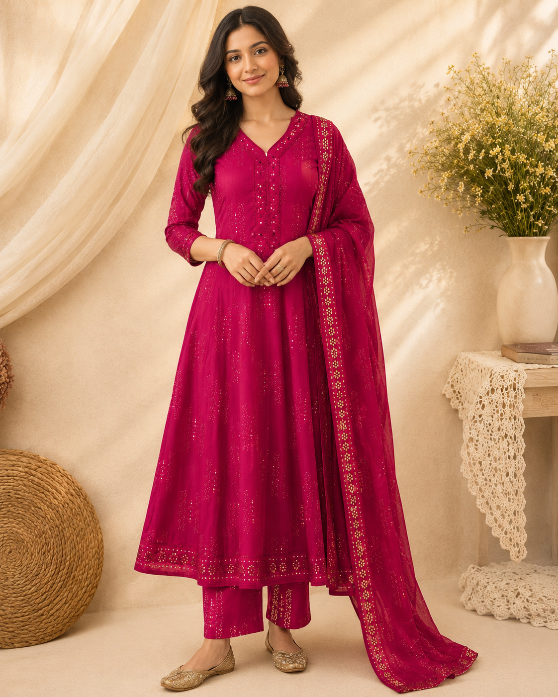 Fuchsia Grace Cotton Anarkali Suit Set