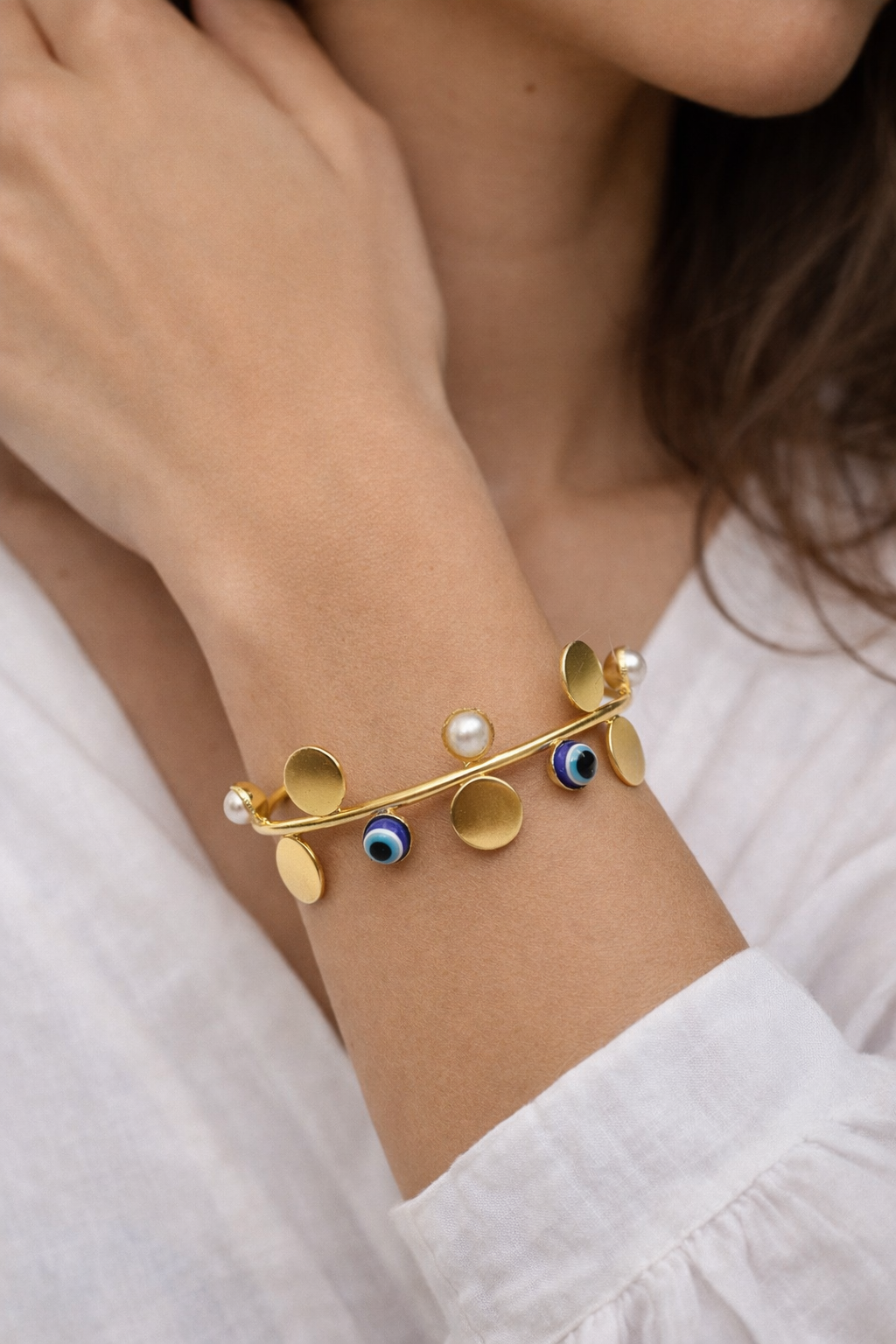 Evil Eye & Pearl Disc Cuff Bracelet