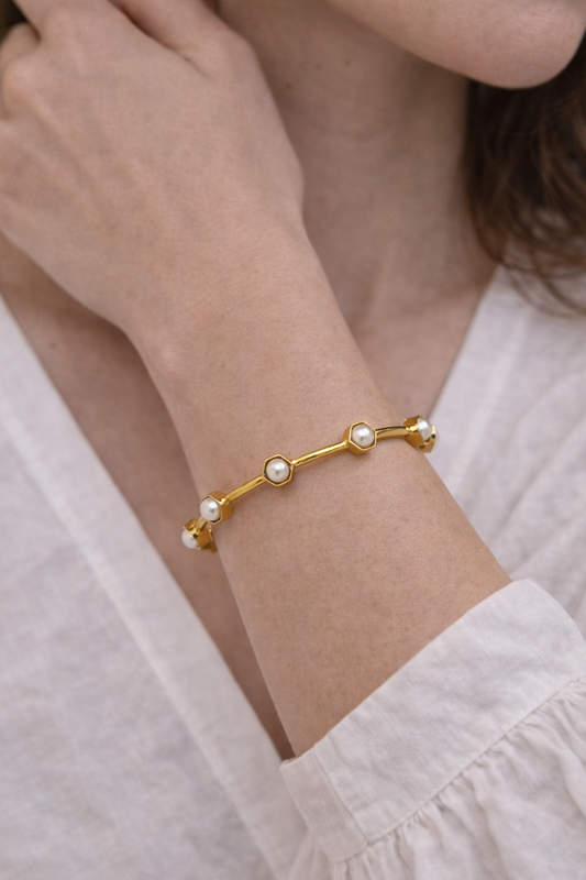 Classic Pearl Line Open Cuff Bracelet