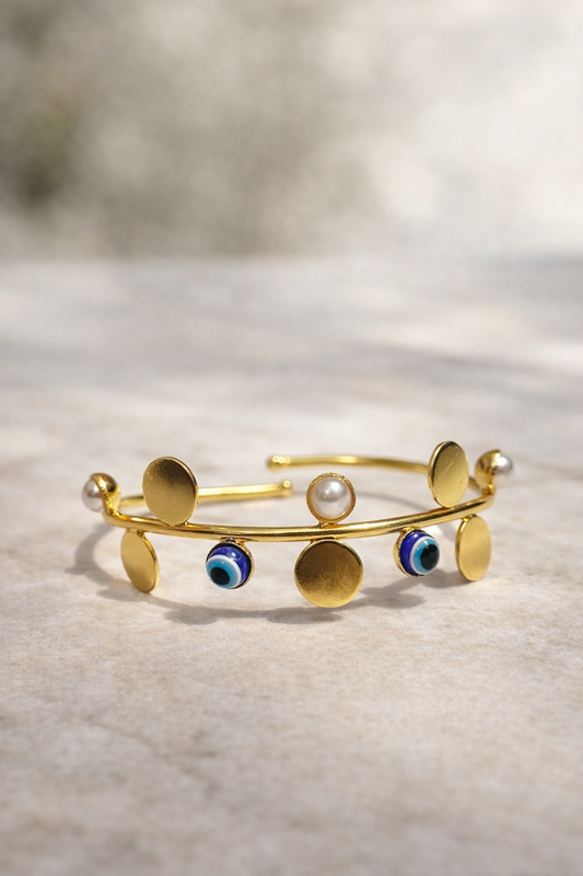 Evil Eye & Pearl Disc Cuff Bracelet