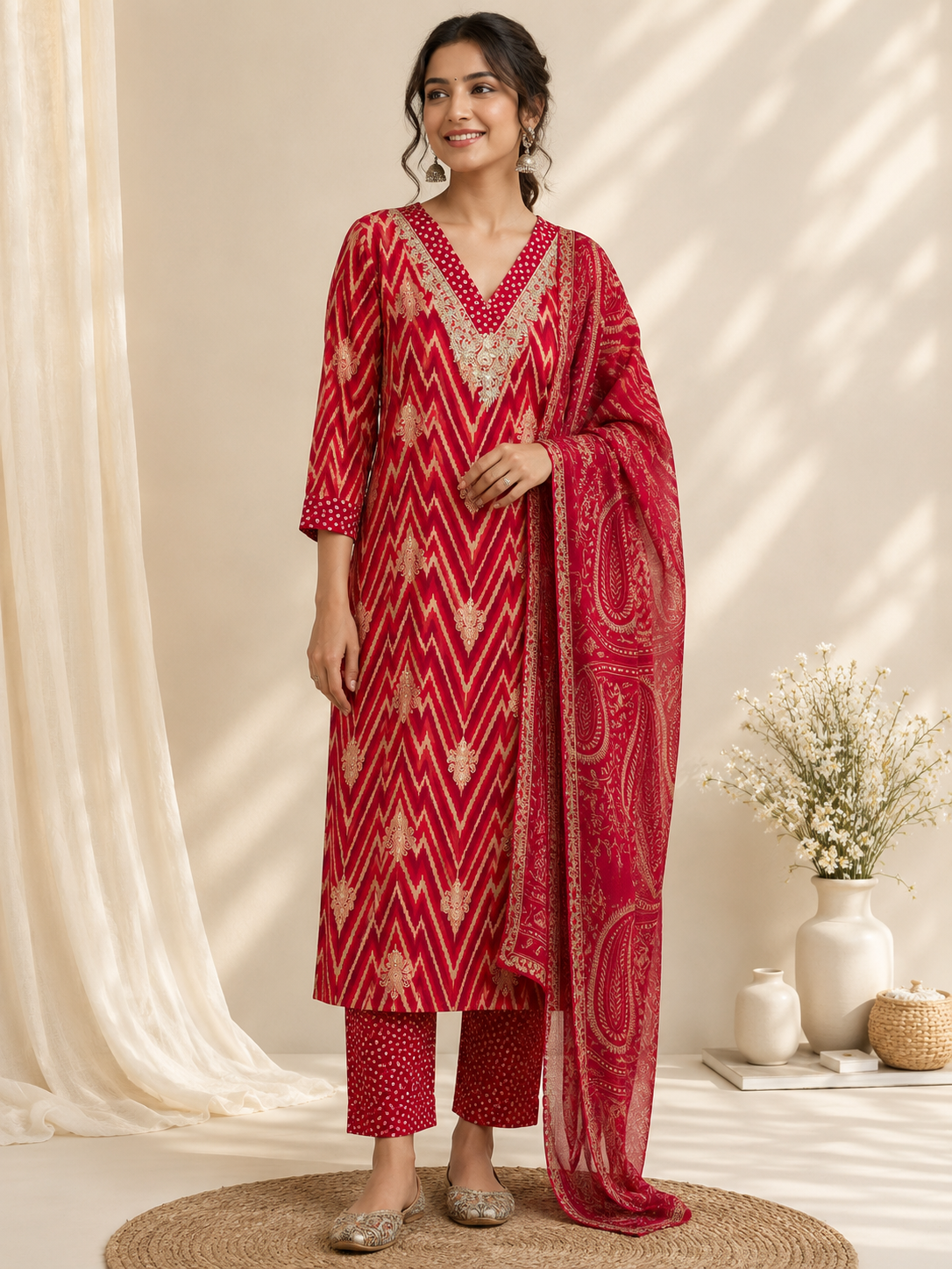 Crimson Chevron Modal Embroidered Suit Set