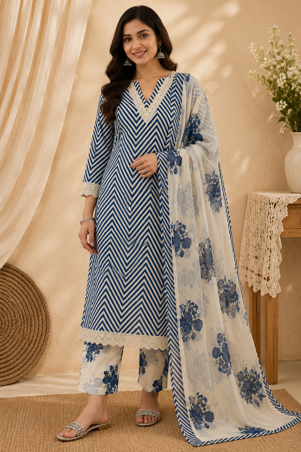 Indigo Lehariya Cotton Suit Set