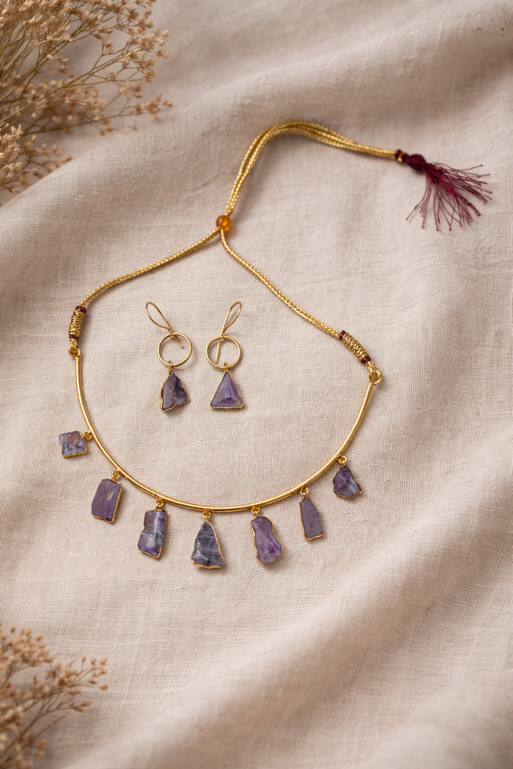 Mystic Raw Amethyst Stone Necklace & Earring Set
