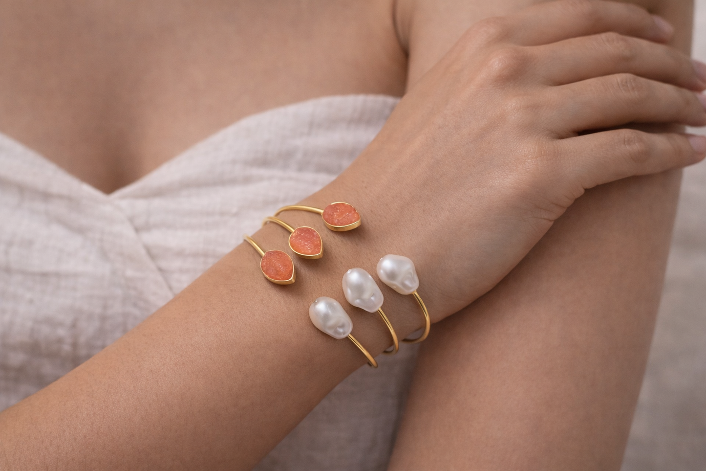 Harmony Glow Pearl & Peach Cuff Bracelet
