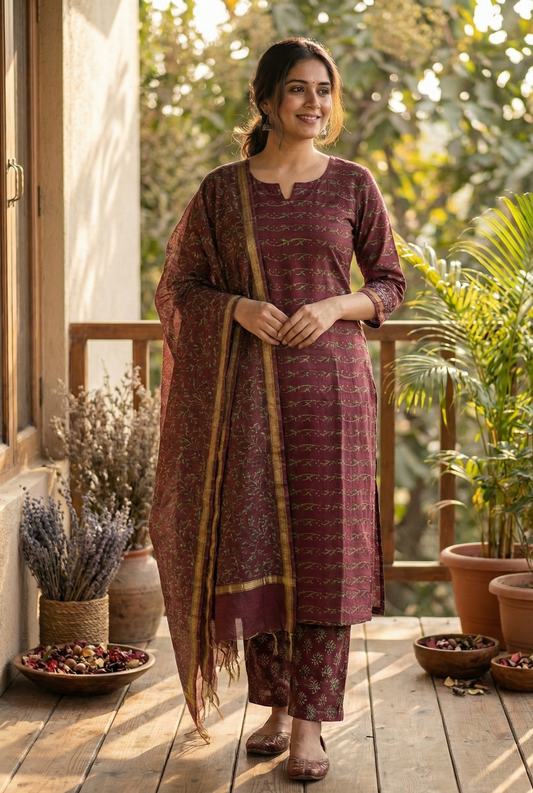 Maroon Gulzar Block Print Set – Unstitched/ Custom-Stitched