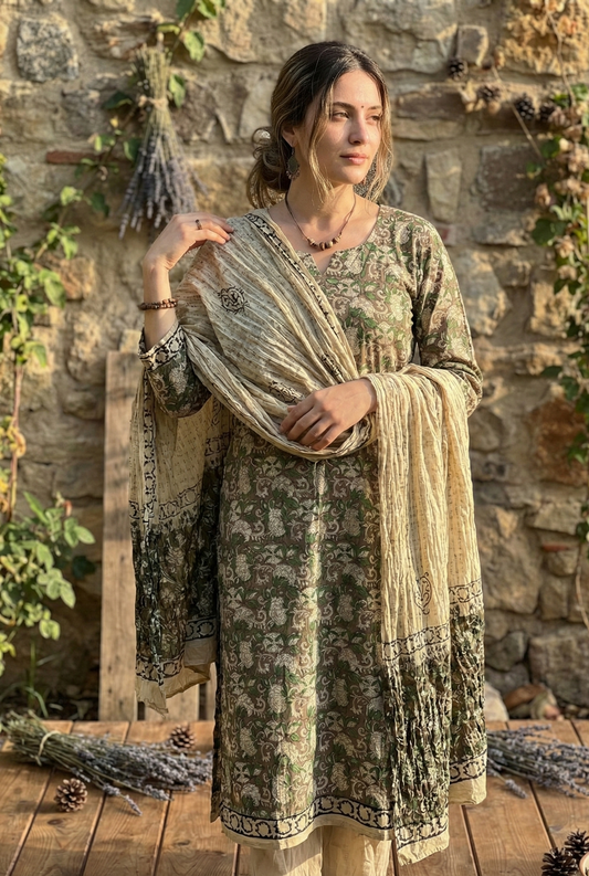 Bagru Olive Gulmohar Suit Set – Unstitched/ Custom-Stitched