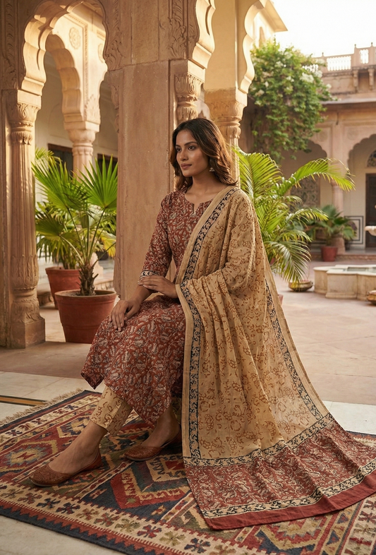 Kesar–Gul Handblock Cotton Suit Set – Unstitched/ Custom-Stitched