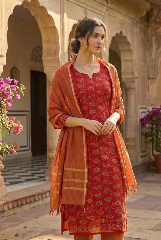 Bagru Red Mogra Suit Set – Unstitched/ Custom-Stitched