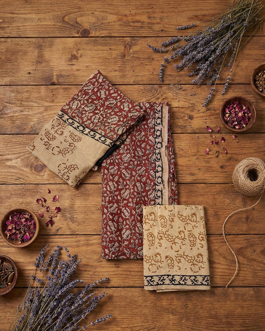 Kesar–Gul Handblock Cotton Suit Set – Unstitched/ Custom-Stitched