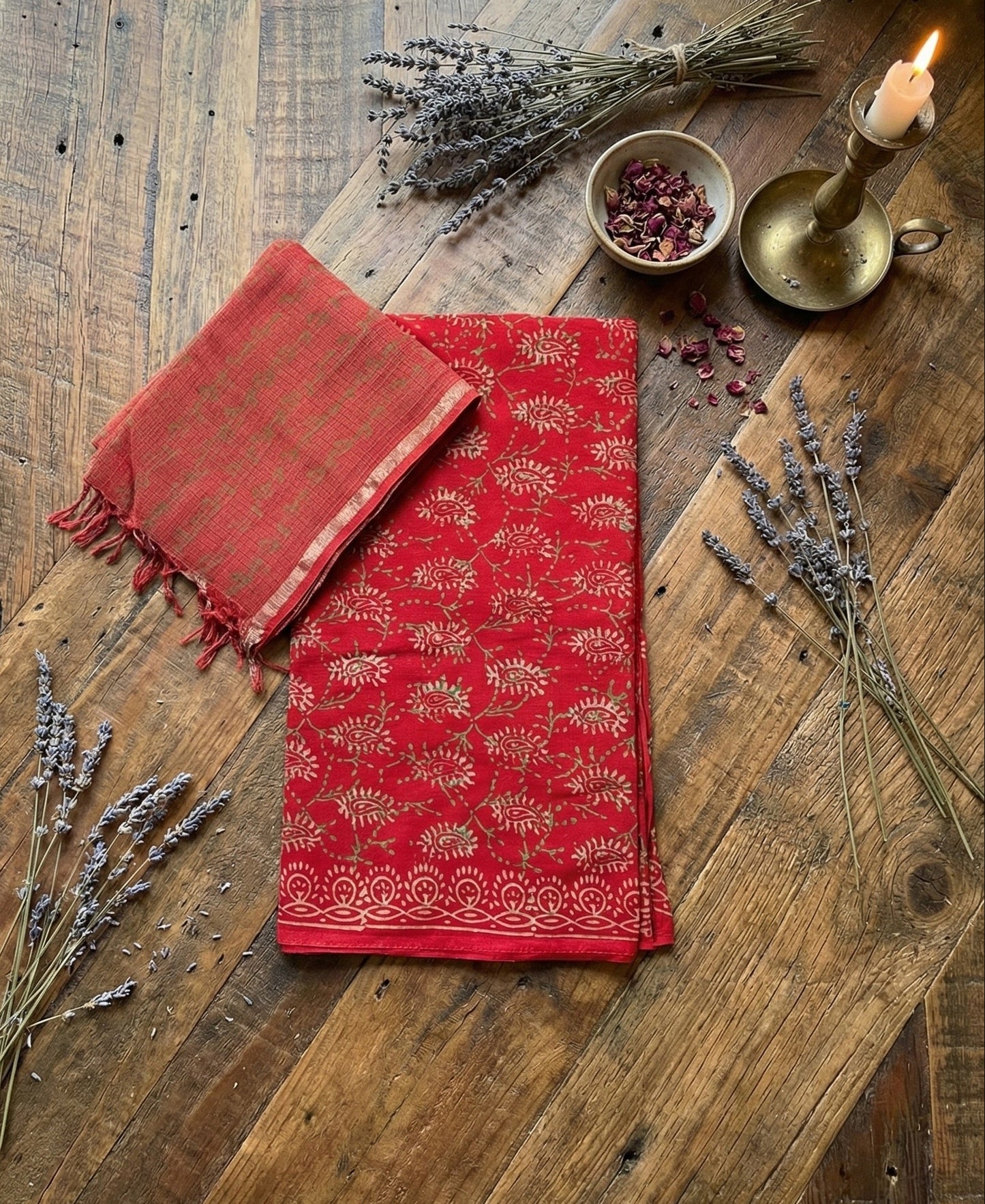 Bagru Red Mogra Suit Set – Unstitched/ Custom-Stitched