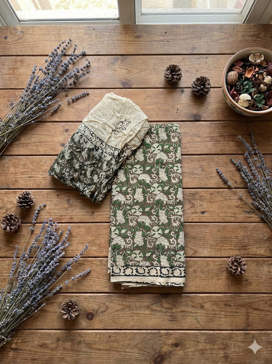 Bagru Olive Gulmohar Suit Set – Unstitched/ Custom-Stitched