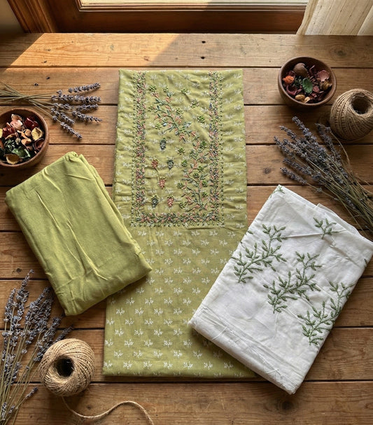 Mint Blossom Embroidered Suit Set – Unstitched/ Custom-Stitched