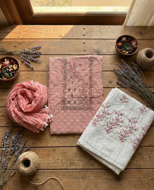 Blush Bloom Embroidered Suit Set – Unstitched/ Custom-Stitched