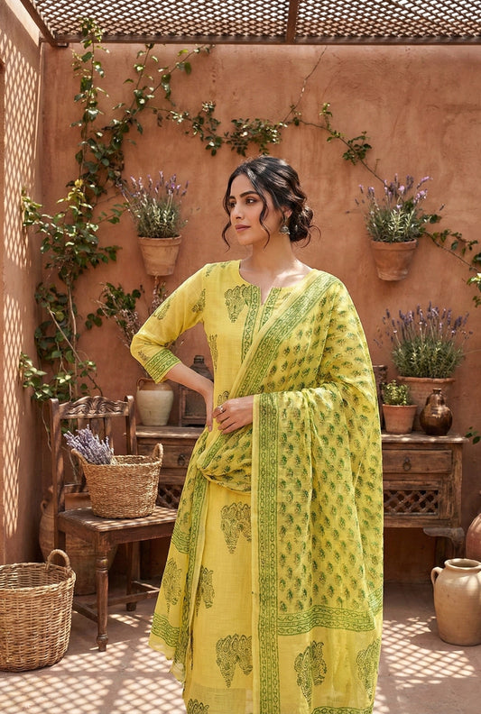 Yellow Meadow Floral Cotton Suit – Unstitched/ Custom-Stitched