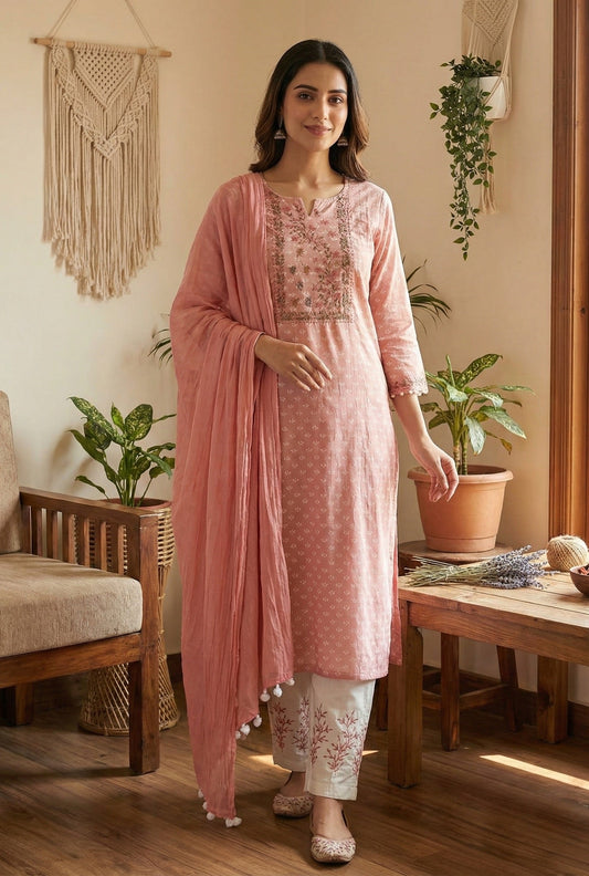 Blush Bloom Embroidered Suit Set – Unstitched/ Custom-Stitched
